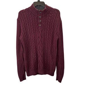 Tasso Elba Cable Knit Sweater L Burgundy Wine Mock Neck Buttons Chunky Pullover